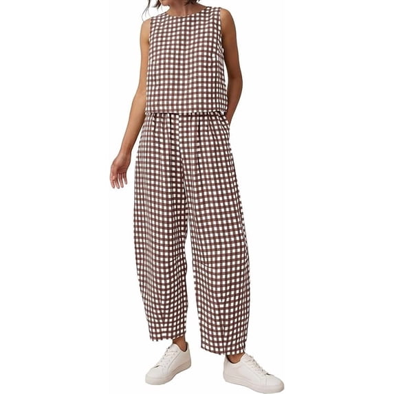 PRETTYGARDEN Womens 2 Piece Sets Summer Plaid Sleeveless Tops Wide Leg Pants Matching Lounge Set Beach Vacation Outfits