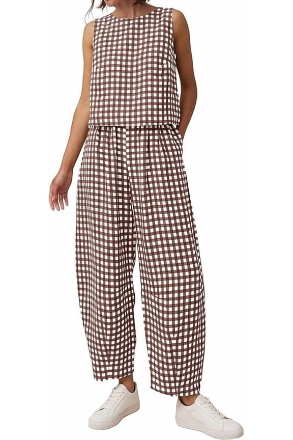 Womens 2 Piece Sets Summer Plaid Sleeveless Tops Wide Leg Pants Matching Lounge Set Beach Vacation Outfits