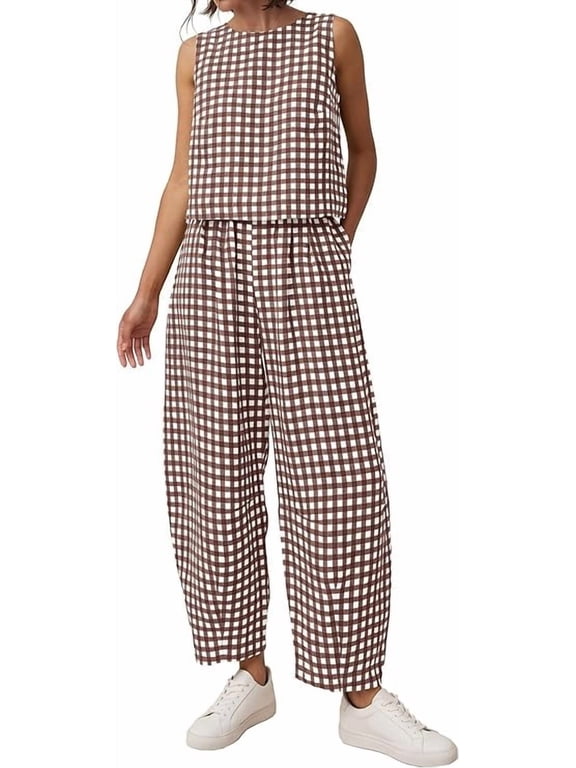 Womens 2 Piece Sets Summer Plaid Sleeveless Tops Wide Leg Pants Matching Lounge Set Beach Vacation Outfits