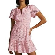 PRETTYGARDEN Womens 2024 Summer Short Dress V Neck Short Sleeve A Line Hollow Out Lace Ruffle Cute Casual Beach Party Dresses