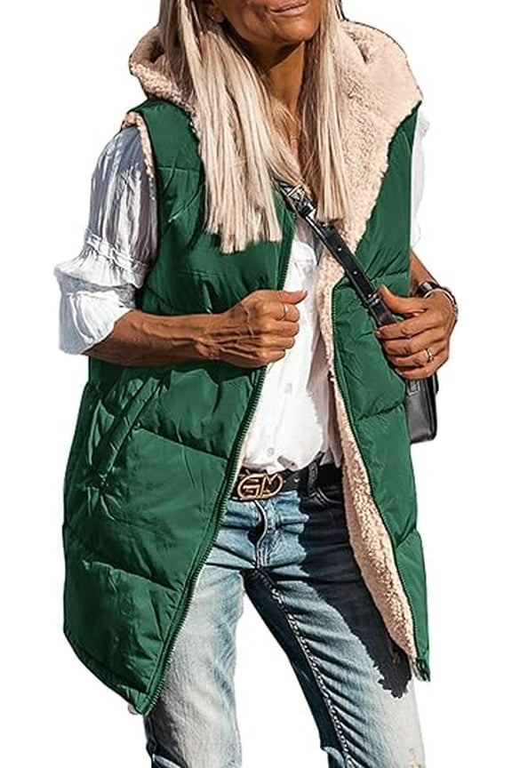 Womens 2025 Fall Reversible Vests Sleeveless Fleece Jacket Zip Up Hoodie Pockets Long Warm Winter Coat Outerwear