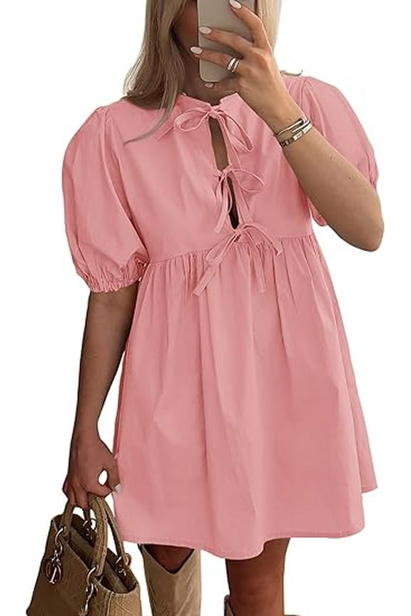 Womens 2025 Summer Casual Short Sleeve Dresses A Line Bow Tie Front Babydoll Loose Cute Mini Dress with Pockets