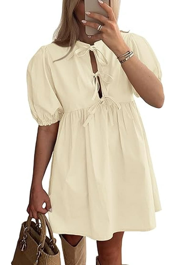 Womens 2025 Summer Casual Short Sleeve Dresses A Line Bow Tie Front Babydoll Loose Cute Mini Dress with Pockets