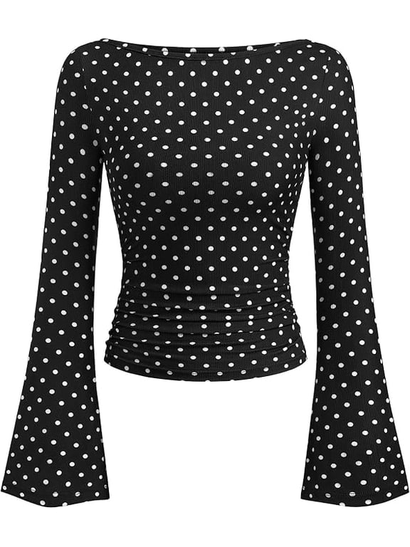 Womens Bell Long Sleeve Ribbed Knit Tops,Trendy Boat Neck Y2K Cropped Going Out Tops, Ruched Slim Fit Cute Garment Friendly Shirts, Fall Outfits, Fashion Clothing
