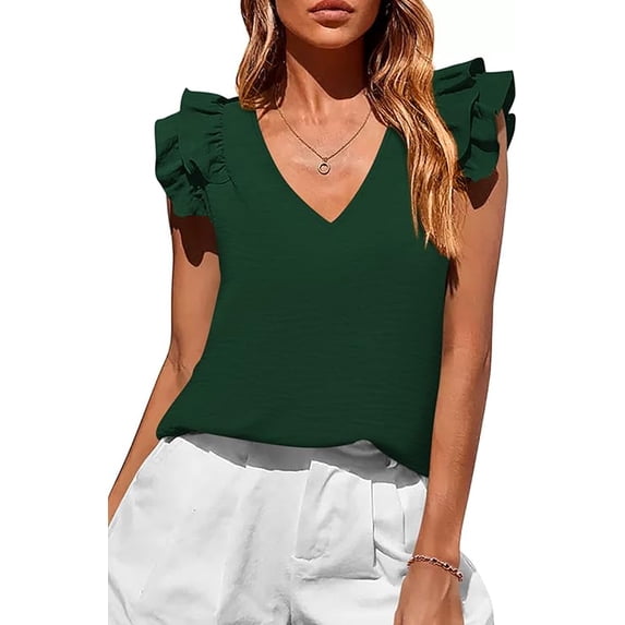 PRETTYGARDEN Womens Blouses Dressy Casual Summer V Neck Ruffle Cap Sleeve Business Work Tops Spring Teacher Shirts