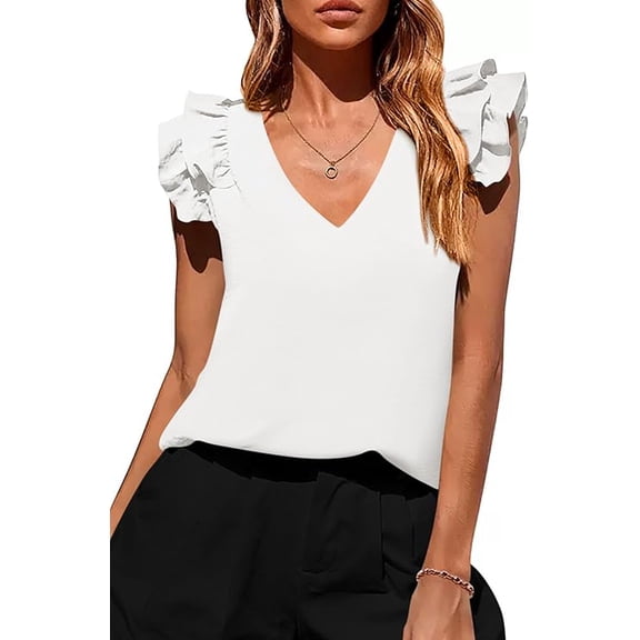 PRETTYGARDEN Womens Blouses Dressy Casual Summer V Neck Ruffle Cap Sleeve Business Work Tops Spring Teacher Shirts