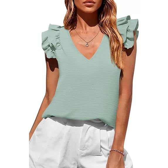 PRETTYGARDEN Womens Blouses Dressy Casual Summer V Neck Ruffle Cap Sleeve Business Work Tops Spring Teacher Shirts
