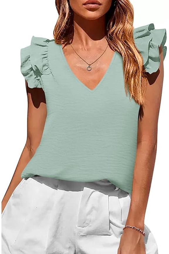 Womens Blouses Dressy Casual Summer V Neck Ruffle Cap Sleeve Business Work Tops Spring Teacher Shirts
