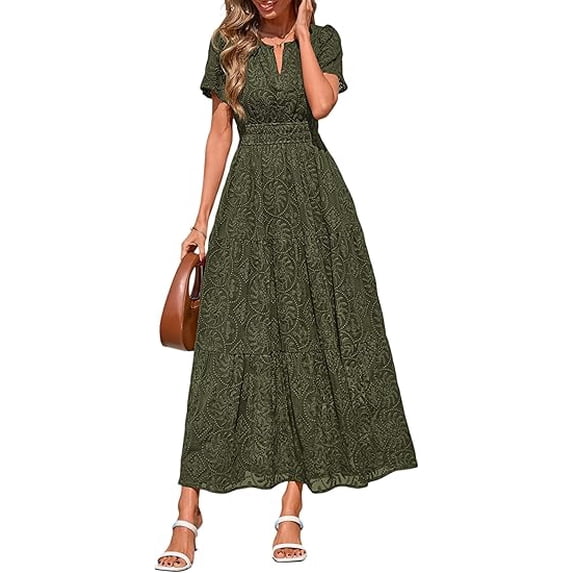 PRETTYGARDEN Womens Boho Maxi Dress Floral Summer Spring Short Sleeve V Neck A Line Embroidered Beach Vacation Dresses