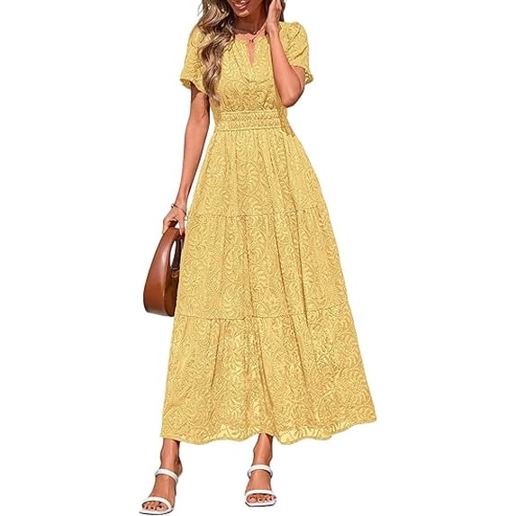 PRETTYGARDEN Womens Boho Maxi Dress Floral Summer Spring Short Sleeve V Neck A Line Embroidered Beach Vacation Dresses