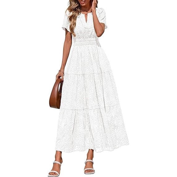 PRETTYGARDEN Womens Boho Maxi Dress Floral Summer Spring Short Sleeve V Neck A Line Embroidered Beach Vacation Dresses