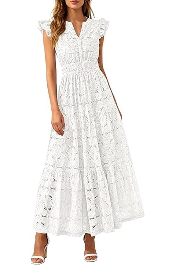 Womens Boho Maxi Dresses Summer Floral Lace Eyelet V Neck Spring Wedding Guest Dress Beach Vacation Clothes