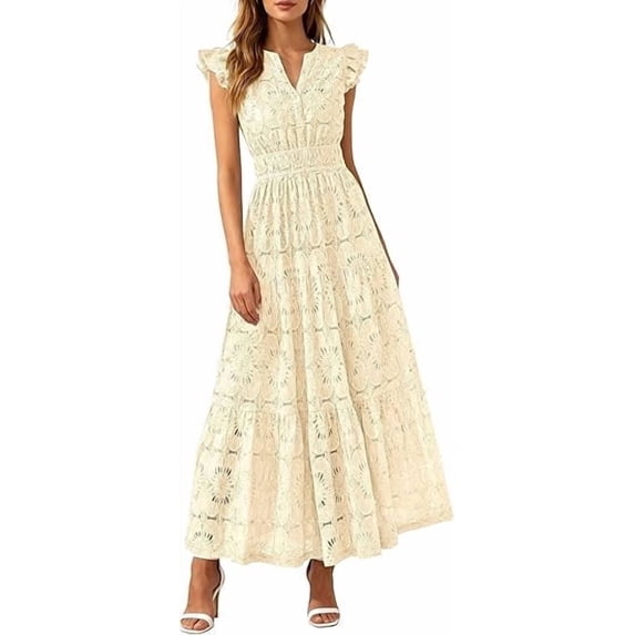 PRETTYGARDEN Womens Boho Maxi Dresses Summer Floral Lace Eyelet V Neck Spring Wedding Guest Dress Beach Vacation Clothes
