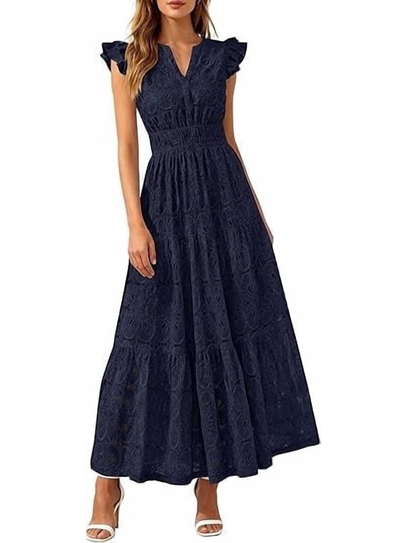 Prettygarden Womens Boho Maxi Dresses Summer Floral Lace Eyelet V Neck Spring Wedding Guest Dress Beach Vacation Clothes, Women's, Size: Medium, Blue Prettygarden Womens Boho Maxi Dresses Summer Floral Lace Eyelet V Neck Spring Wedding Guest Dress Beach Vacation Clothes, Women's, Size: Medium, Blue
