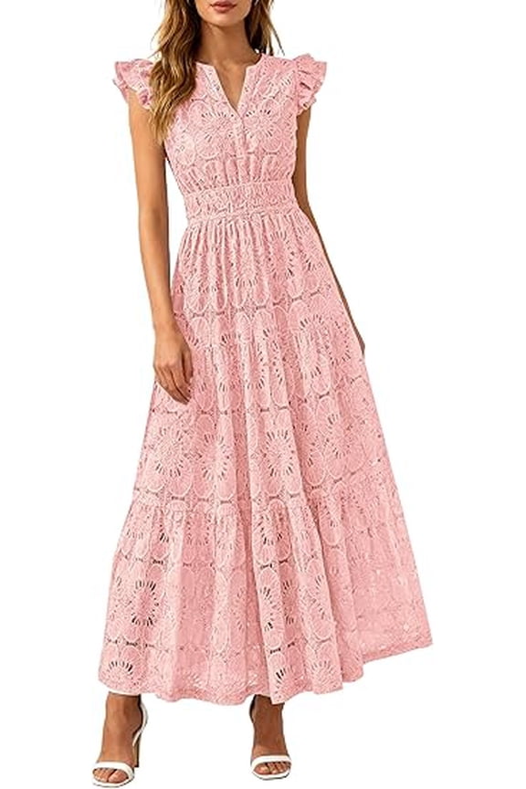 Womens Boho Maxi Dresses Summer Floral Lace Eyelet V Neck Spring Wedding Guest Dress Beach Vacation Clothes