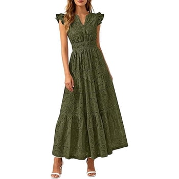 PRETTYGARDEN Womens Boho Maxi Dresses Summer Floral Lace Eyelet V Neck Spring Wedding Guest Dress Beach Vacation Clothes