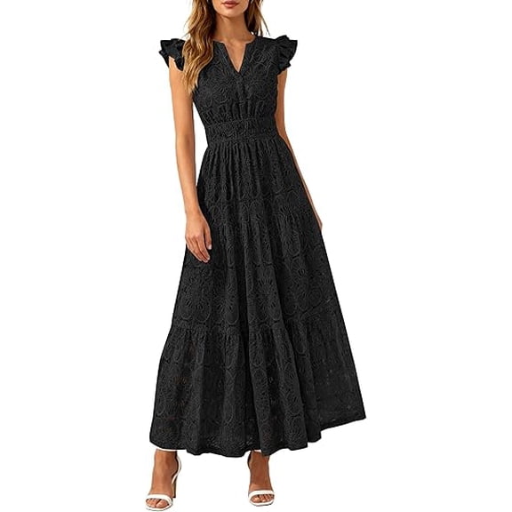 PRETTYGARDEN Womens Boho Maxi Dresses Summer Floral Lace Eyelet V Neck Spring Wedding Guest Dress Beach Vacation Clothes