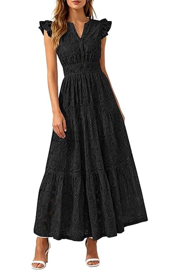 Womens Boho Maxi Dresses Summer Floral Lace Eyelet V Neck Spring Wedding Guest Dress Beach Vacation Clothes