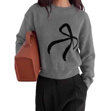 PRETTYGARDEN Womens Bow Sweater Cute Crewneck Long Sleeve Tops Fall Soft Cozy Knit Pullover,Relaxed Fit,Holiday Sweaters,Daily Wear,Work Office,Casual Going Out Y2k Tops,Winter Fashion Clothing