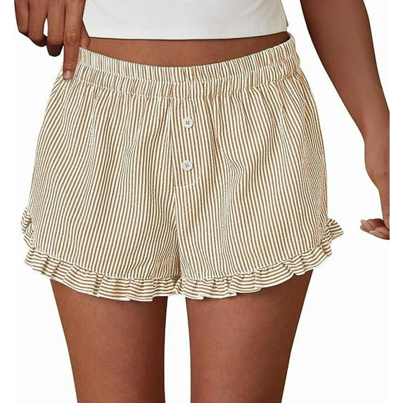 PRETTYGARDEN Womens Boxer Shorts Y2K Ruffle Shorts Summer Spring Lounge Striped Casual Beach Bottoms Pockets