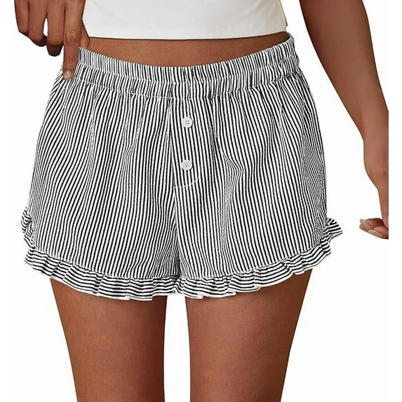 PRETTYGARDEN Womens Boxer Shorts Y2K Ruffle Shorts Summer Spring Lounge Striped Casual Beach Bottoms Pockets