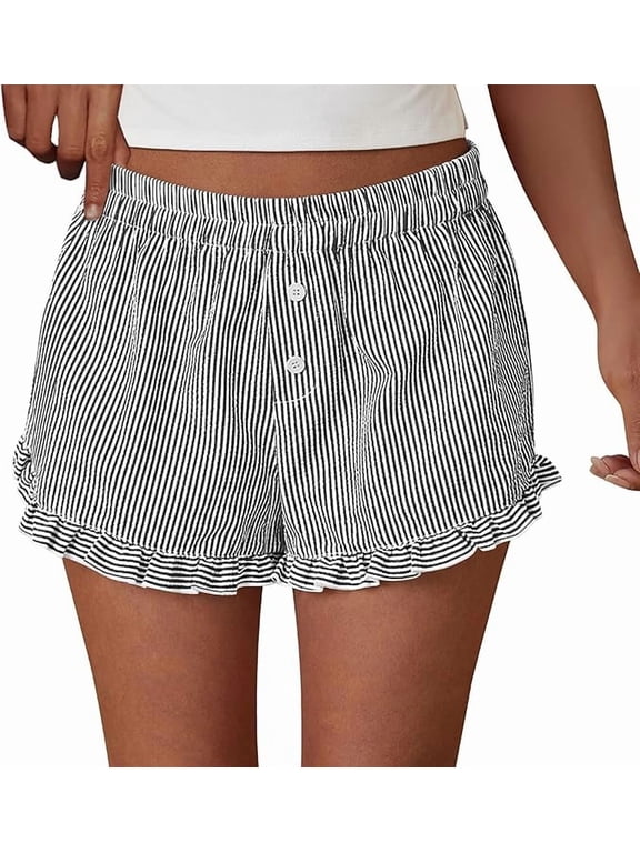 Womens Boxer Shorts Y2K Ruffle Shorts Summer Spring Lounge Striped Casual Beach Bottoms Pockets