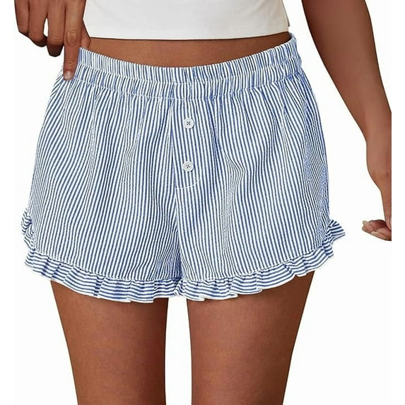 PRETTYGARDEN Womens Boxer Shorts Y2K Ruffle Shorts Summer Spring Lounge Striped Casual Beach Bottoms Pockets