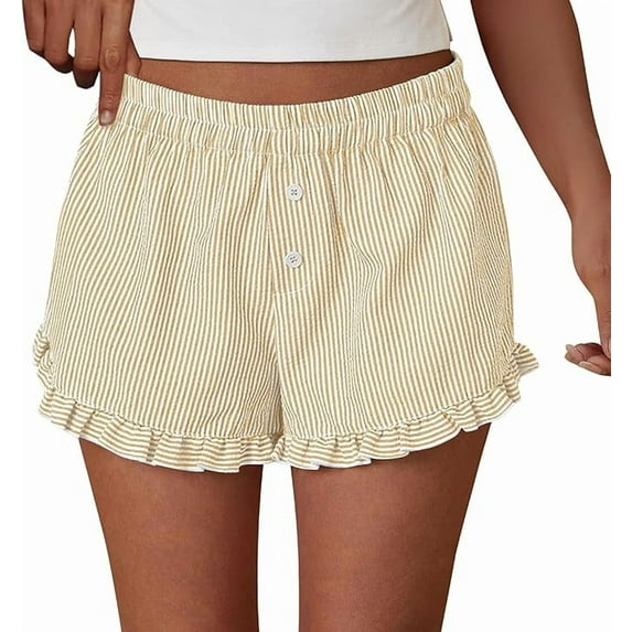 PRETTYGARDEN Womens Boxer Shorts Y2K Ruffle Shorts Summer Spring Lounge Striped Casual Beach Bottoms Pockets
