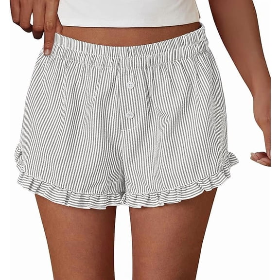 PRETTYGARDEN Womens Boxer Shorts Y2K Ruffle Shorts Summer Spring Lounge Striped Casual Beach Bottoms Pockets