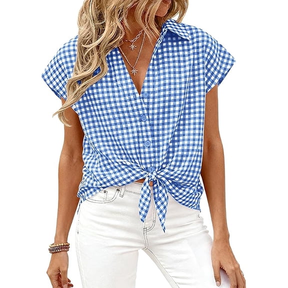 PRETTYGARDEN Womens Button Down Shirts V Neck Short Cap Sleeve Collared Plaid Tops Summer Spring Casual Blouses Clothes
