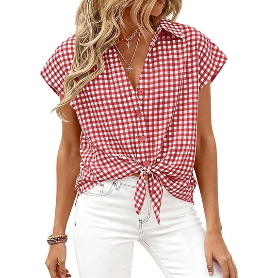 PRETTYGARDEN Womens Button Down Shirts V Neck Short Cap Sleeve Collared Plaid Tops Summer Spring Casual Blouses Clothes