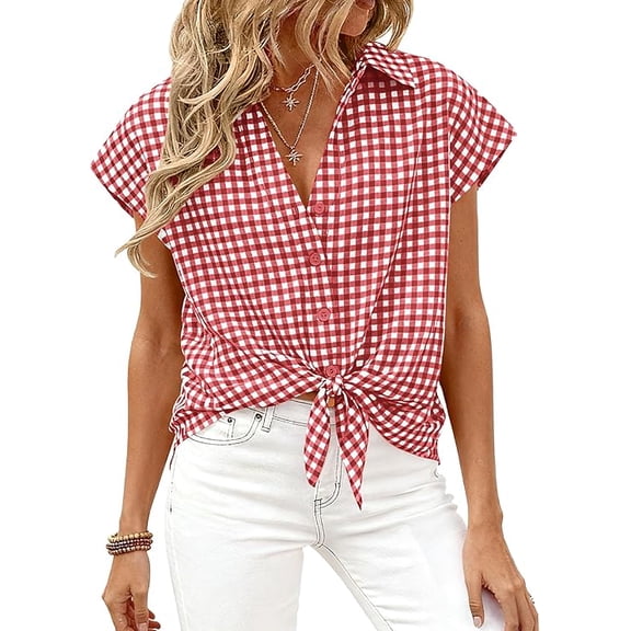 PRETTYGARDEN Womens Button Down Shirts V Neck Short Cap Sleeve Collared Plaid Tops Summer Spring Casual Blouses Clothes