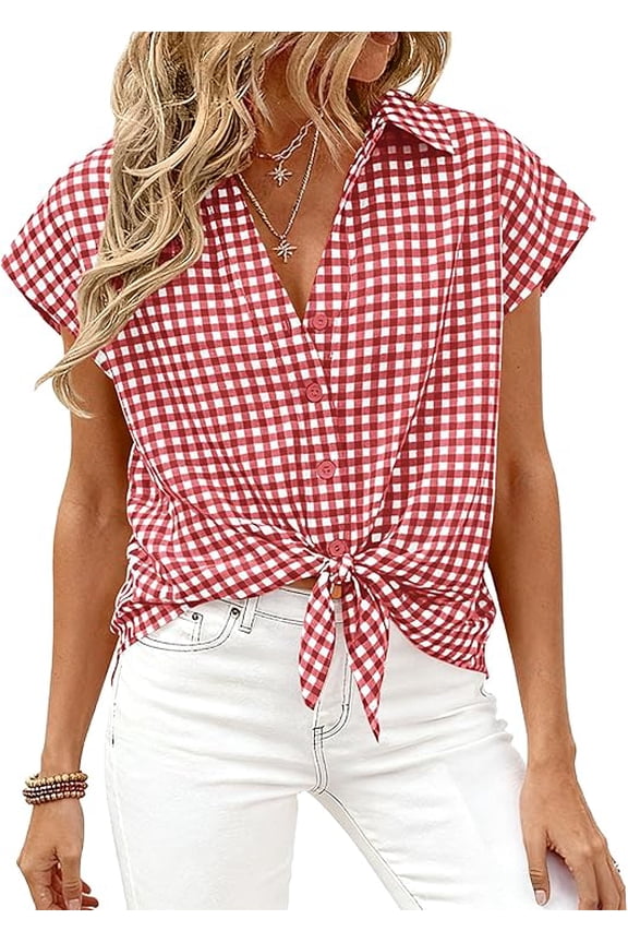 Womens Button Down Shirts V Neck Short Cap Sleeve Collared Plaid Tops Summer Spring Casual Blouses Clothes