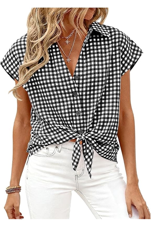 Womens Button Down Shirts V Neck Short Cap Sleeve Collared Plaid Tops Summer Spring Casual Blouses Clothes