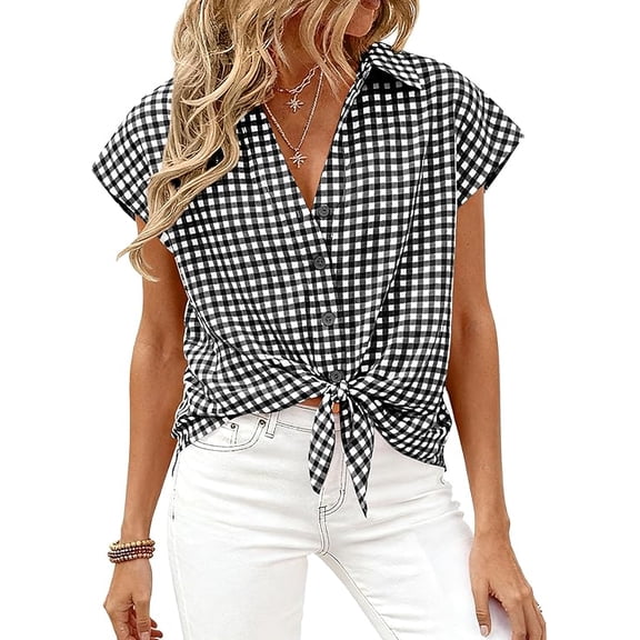 PRETTYGARDEN Womens Button Down Shirts V Neck Short Cap Sleeve Collared Plaid Tops Summer Spring Casual Blouses Clothes