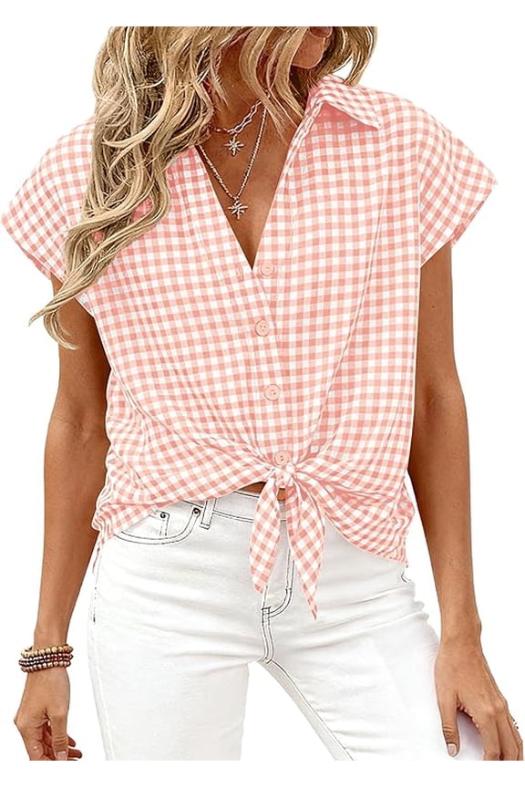 Womens Button Down Shirts V Neck Short Cap Sleeve Collared Plaid Tops Summer Spring Casual Blouses Clothes