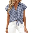 thumbnail image 1 of PRETTYGARDEN Womens Button Down Shirts V Neck Short Cap Sleeve Collared Plaid Tops Summer Spring Casual Blouses Clothes, 1 of 8