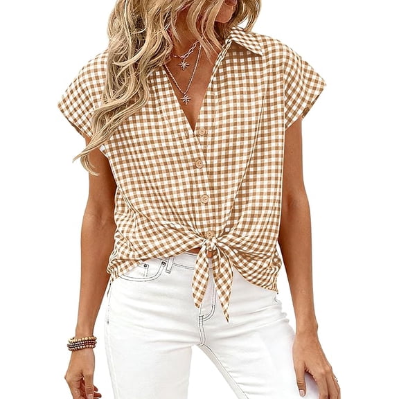 PRETTYGARDEN Womens Button Down Shirts V Neck Short Cap Sleeve Collared Plaid Tops Summer Spring Casual Blouses Clothes