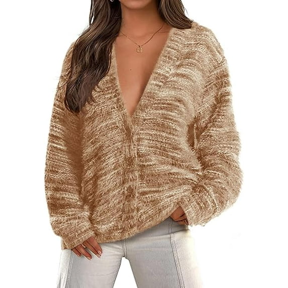 PRETTYGARDEN Womens Cardigan Sweaters Fall Striped Long Sleeve V Neck Button Down Knit Fuzzy Outerwear Trendy Clothes