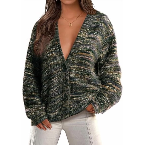 PRETTYGARDEN Womens Cardigan Sweaters Fall Striped Long Sleeve V Neck Button Down Knit Fuzzy Outerwear Trendy Clothes