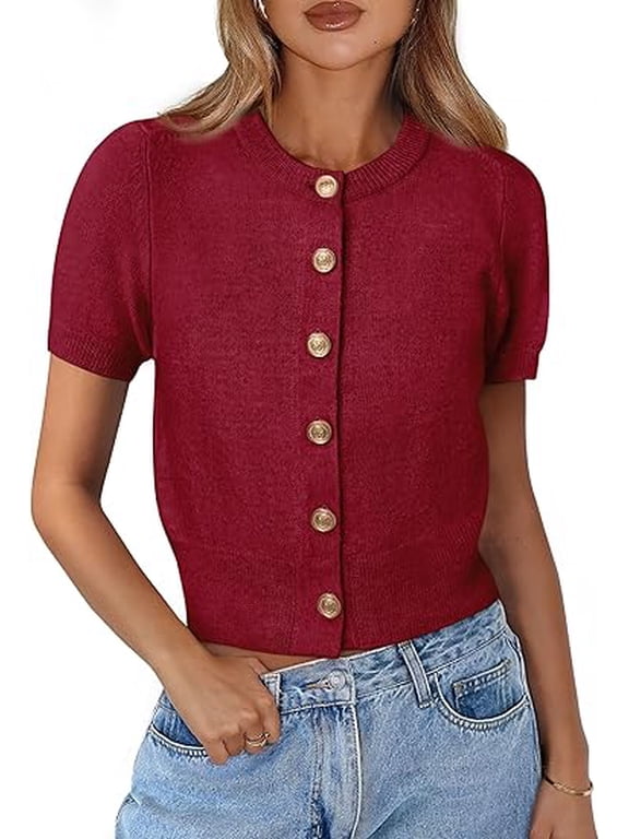 Womens Casual Short Sleeve Cardigans Button Down Knitted Sweater Basic Crew Neck Crop Tops