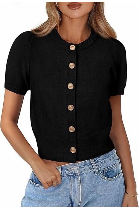 Womens Casual Summer Short Sleeve Cardigans Button Down Knitted Sweater Basic Crew Neck Crop Tops
