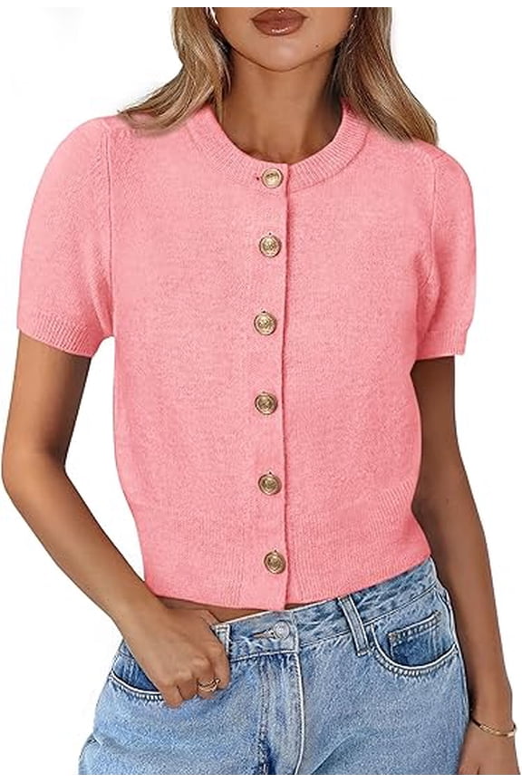 Womens Casual Summer Short Sleeve Cardigans Button Down Knitted Sweater Basic Crew Neck Crop Tops