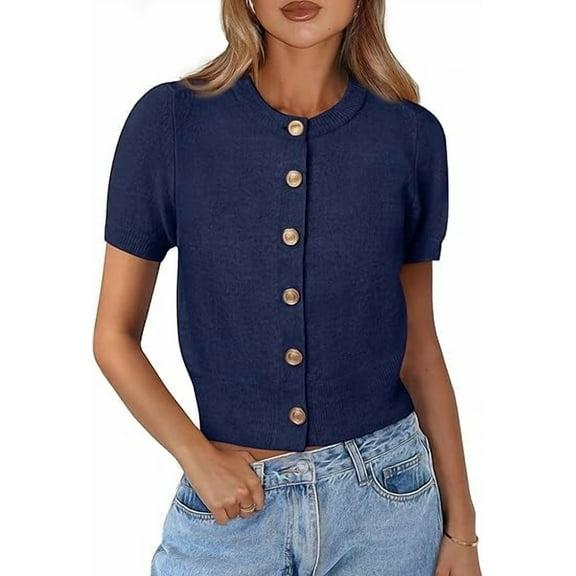PRETTYGARDEN Womens Casual Summer Short Sleeve Cardigans Button Down Knitted Sweater Basic Crew Neck Crop Tops