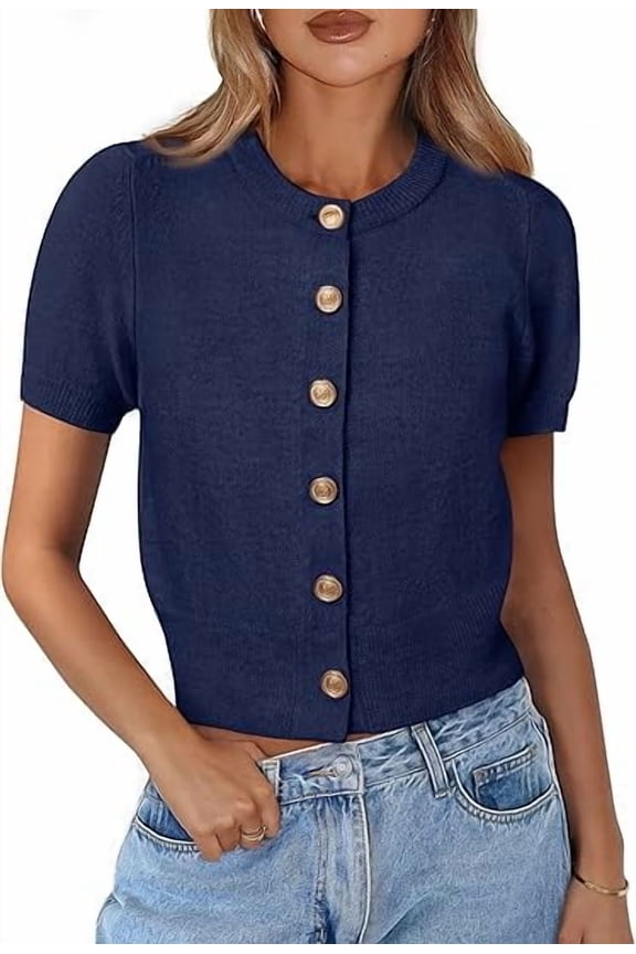 Womens Casual Summer Short Sleeve Cardigans Button Down Knitted Sweater Basic Crew Neck Crop Tops