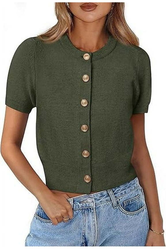 Womens Casual Summer Short Sleeve Cardigans Button Down Knitted Sweater Basic Crew Neck Crop Tops