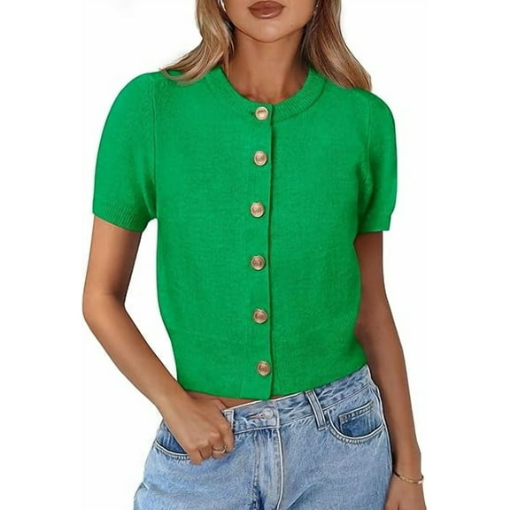 PRETTYGARDEN Womens Casual Summer Short Sleeve Cardigans Button Down Knitted Sweater Basic Crew Neck Crop Tops