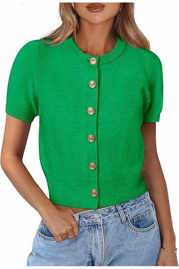 Womens Casual Summer Short Sleeve Cardigans Button Down Knitted Sweater Basic Crew Neck Crop Tops