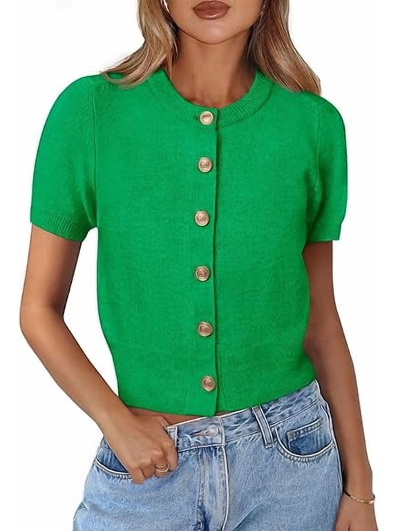 Womens Casual Short Sleeve Cardigans Button Down Knitted Sweater Basic Crew Neck Crop Tops