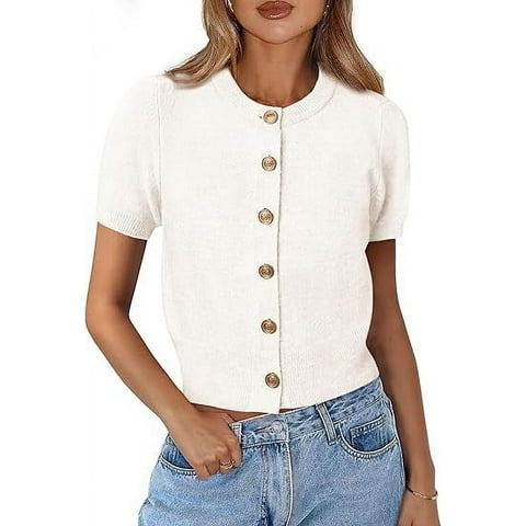 Womens Casual Summer Short Sleeve Cardigans Button Down Knitted Sweater Basic Crew Neck Crop Tops